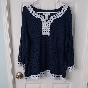 Alfred Dunner Navy Top with White Crochet Trim